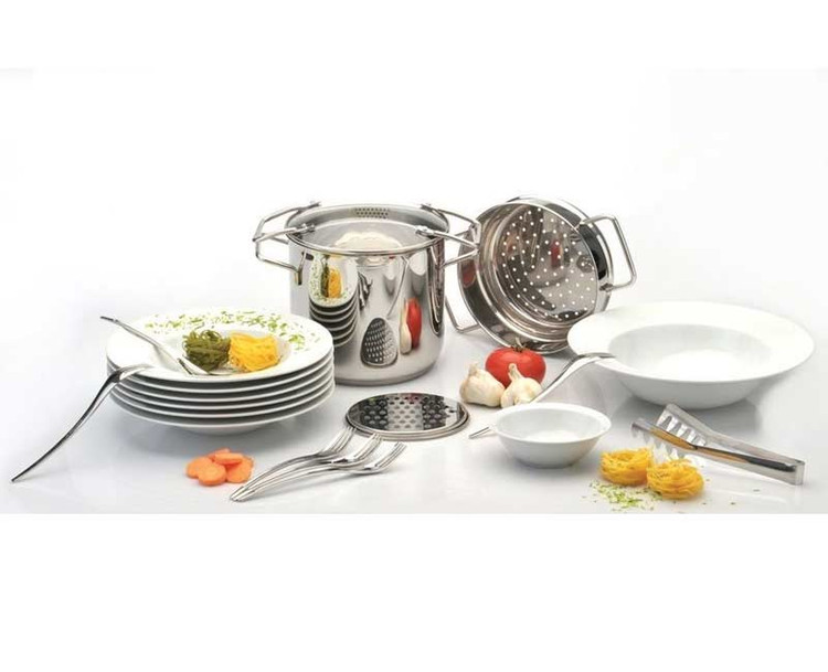 دیگ و سبد بخارپز و چنگال پاستا